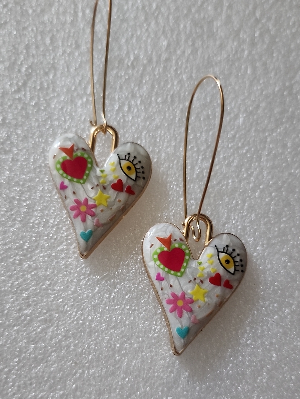 Hand Crafted White Heart Drop Earrings with Multicolor Motifs